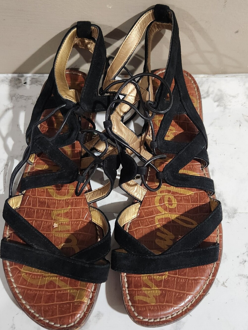 Sam Edelman Sandals Womens 10 Gemma Black Suede Gladiator Lace Up Flat Shoes